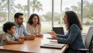 Bilingual insurance advisor discussing life insurance with a Florida family