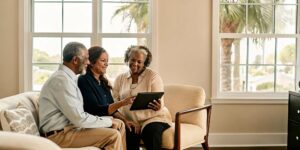 An insurance advisor in Orlando helping a senior couple review Medicare Advantage plan options together