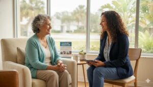 An agent provides Medicare help to a woman turning 65 in Orlando, FL.