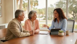 Florida couple reviewing an annuity contract with an insurance advisor