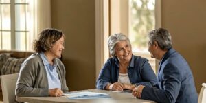A benefits advisor speaking with a senior couple about Medicare coverage options in a bright Florida office