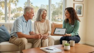 Couple reviewing Medicare Advantage plans available in Kissimmee, FL.