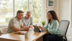 An insurance agent discusses whole life insurance with clients in Kissimmee, FL.
