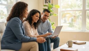 Bilingual Florida benefits advisor helping a family navigate an online public assistance account