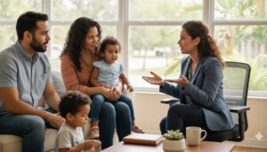 Bilingual benefits advisor helping a family in a Kissimmee community office