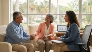 Bilingual Medicare agent in Kissimmee, FL helps a senior couple review their Medicare plan options.
