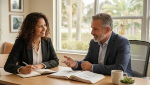 Florida insurance licensing student reviewing study materials with a professional mentor