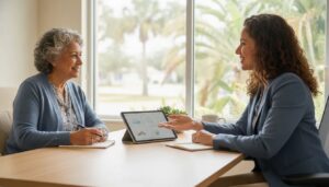 Dos mujeres revisando un plan de seguro de vida permanente en Poinciana, FL.
