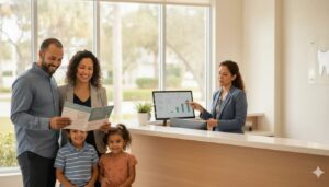 Familia en clínica dental consultando un seguro dental económico en Poinciana, FL.