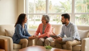 Tres personas conversando sobre el seguro Medicare Parte D en Kissimmee, FL.