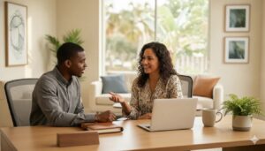 Bilingual insurance advisor discussing a career path with a professional in a bright Florida office