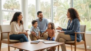Bilingual benefits advisor helping a Florida family understand an application