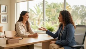 Bilingual insurance professional mentoring an aspiring agent in Florida