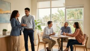 Bilingual insurance professionals discussing an insurance career in Florida