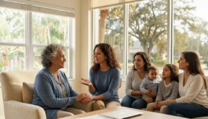 Bilingual insurance professional speaking with a family in Central Florida