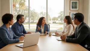 Insurance agents collaborating with a bilingual advisor in a Florida office