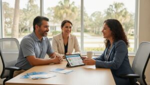 Pareja consultando con un agente sobre un seguro de salud económico en Saint Cloud, FL.
