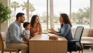 Bilingual insurance advisor helping a Florida family navigate benefits resources