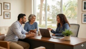 Couple discussing mortgage protection insurance with an agent in Orlando, FL.